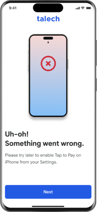 Mobile phone showing Tap to Pay on iPhone enabled unsuccessfully.