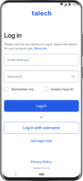 Smartphone showing the login screen.