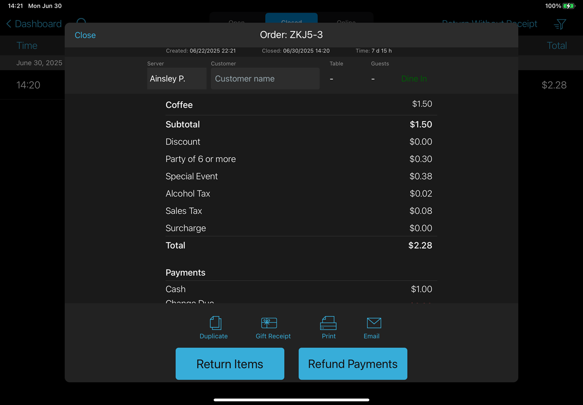 Order details screen.