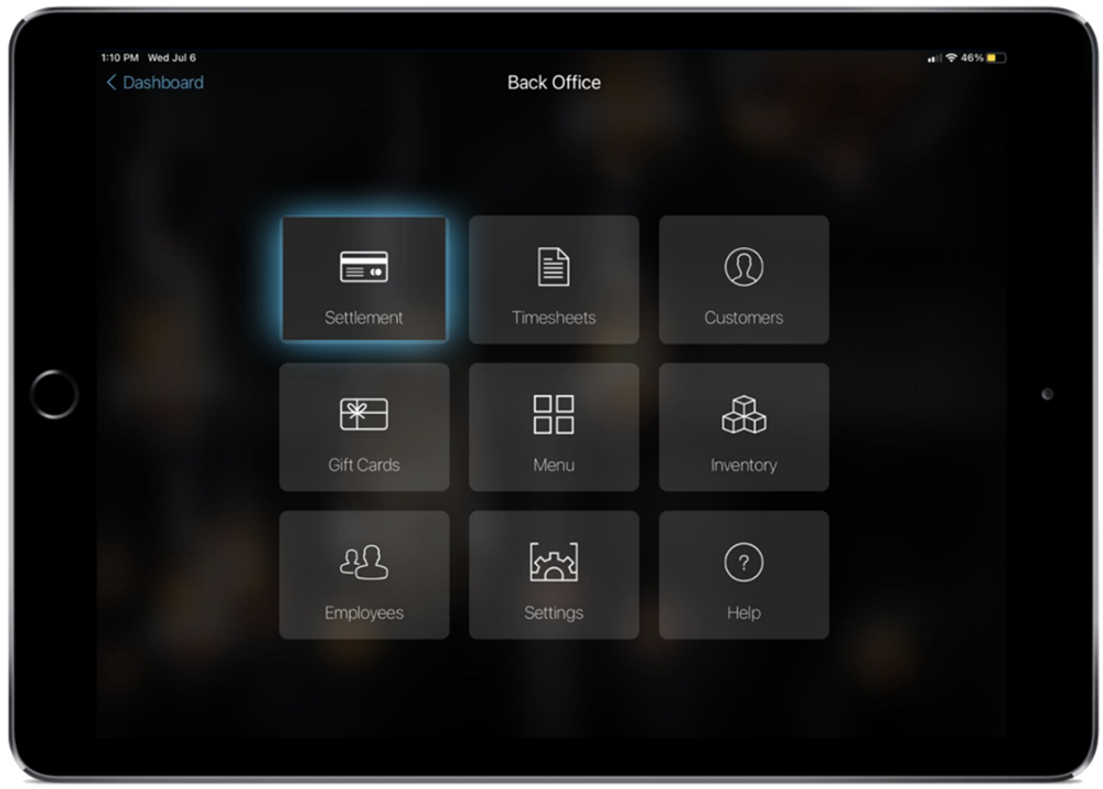 A smart device showing the talech register back office menu.
