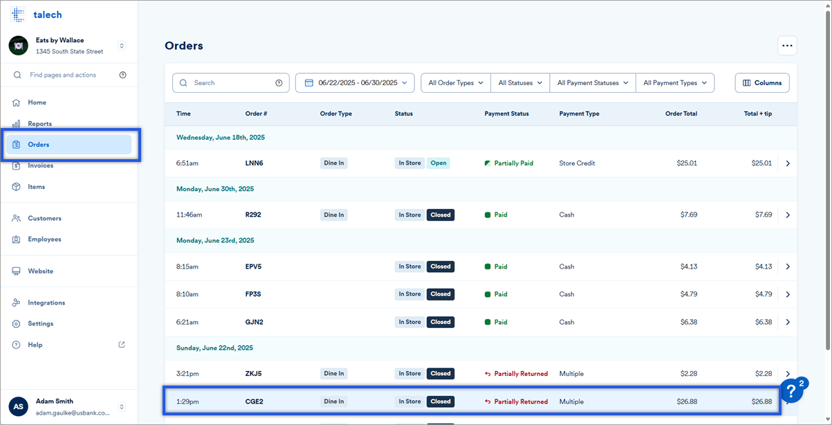 Orders on left menu and a store credit order highlighted