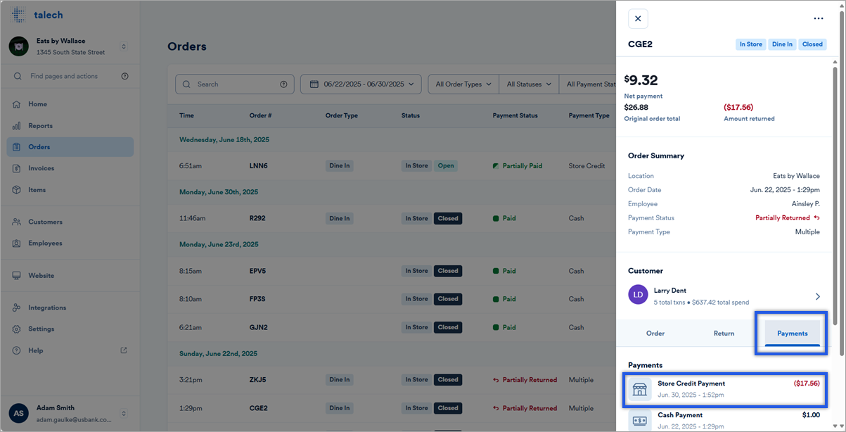 Payment tab and a store credit payment highlighted