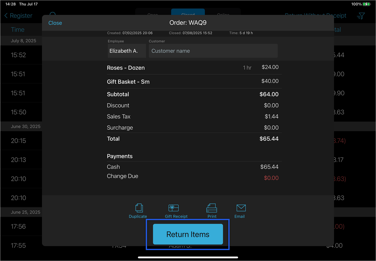 Closed order displayed with return items highlighted
