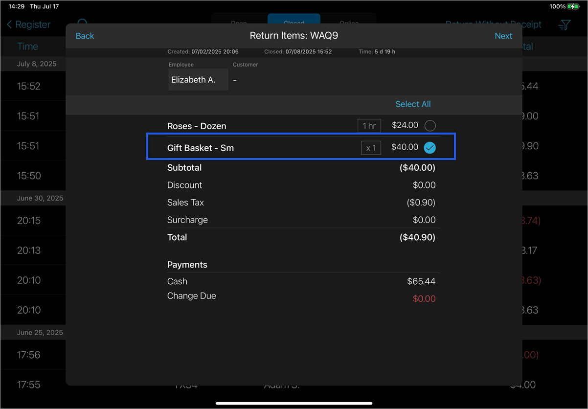 Return items screen displayed with item return check mark highlighted