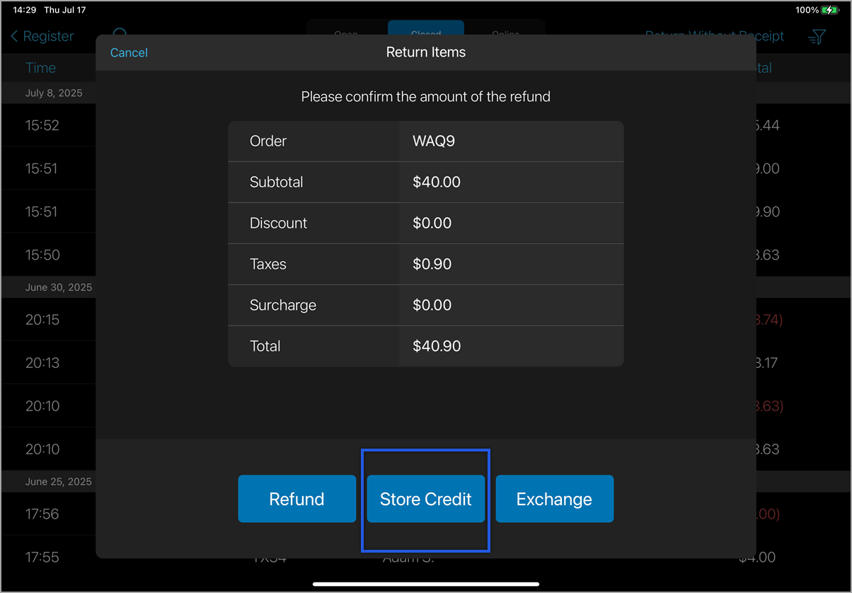 Return item amount refund displayed with store credit option highlighted