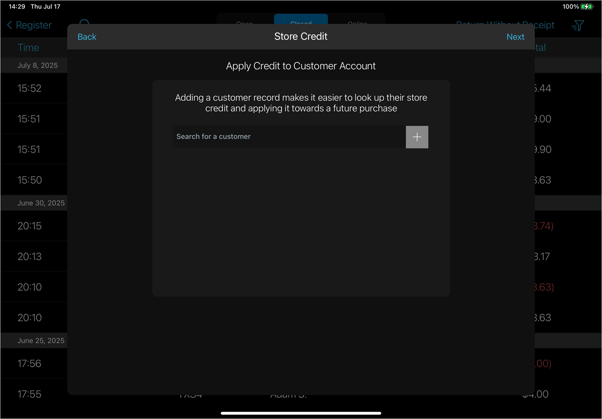 Store credit customer search displayed