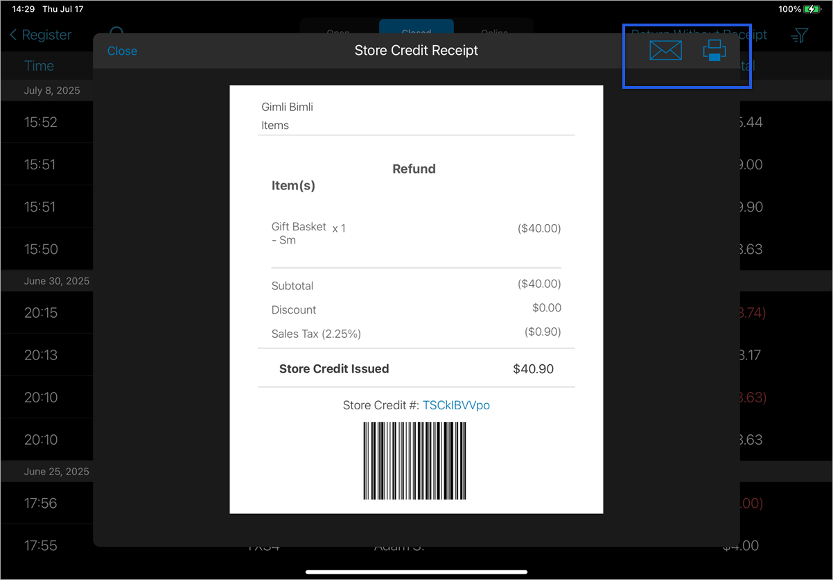 Store credit receipt shown with email and print copy icons highlighted