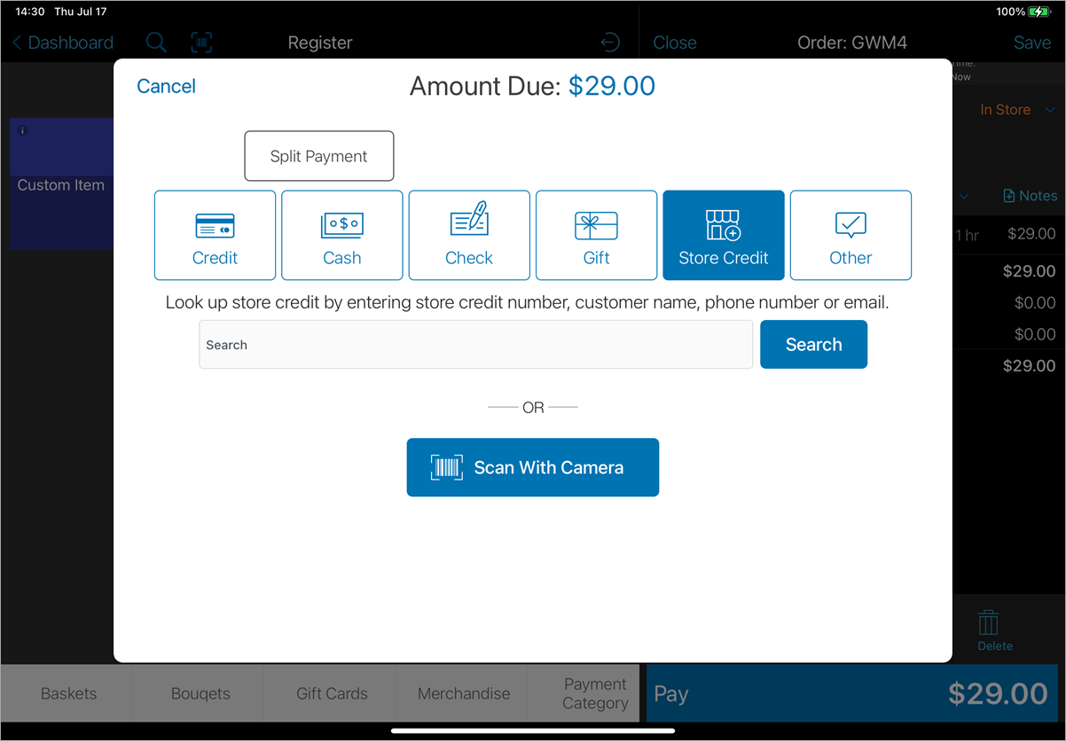Payment screen displayed with store credit option highlighted