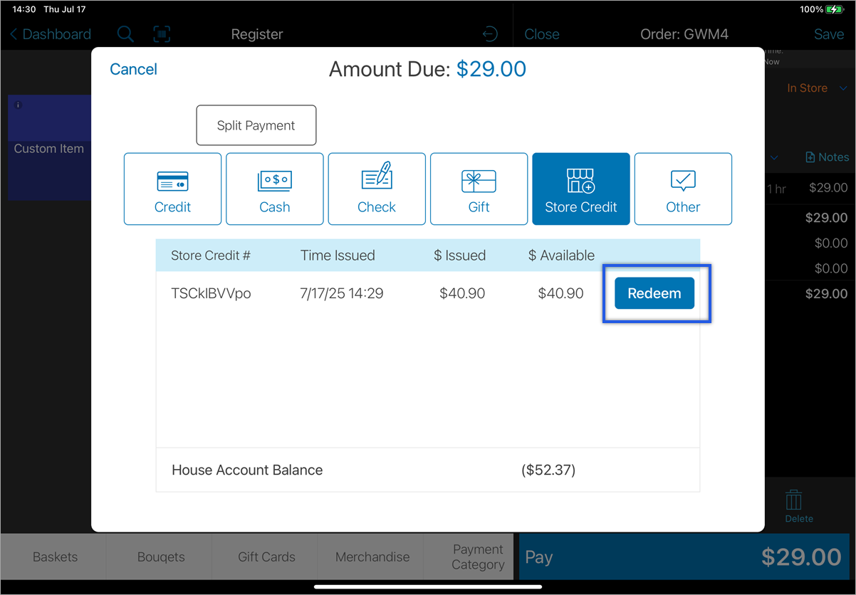 Payment screen displayed with store credit item selected and redeem option highlighted