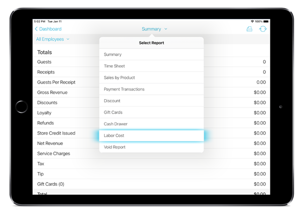 screenshot of ipad with talech mobile reports drop down menu highlighting labor cost option