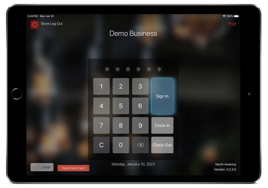 screenshot of ipad with talech mobile employee screen and number pad highlighting sign in button
