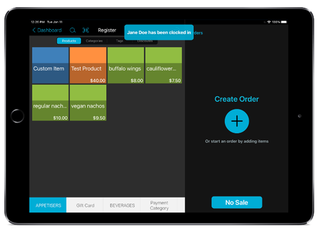 screenshot of ipad with talech mobile register screen and notification of successful clock in