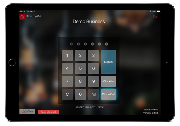 screenshot of ipad with talech mobile employee screen and number pad highlighting clock out button