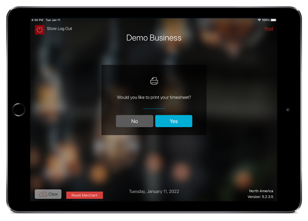 screenshot of ipad with talech mobile employee screen and option to print hours for shift