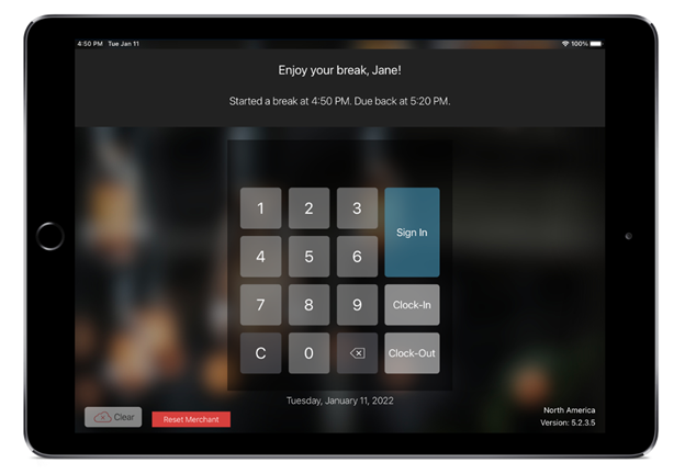 screenshot of ipad with talech mobile employee screen with reminder of when to return from break