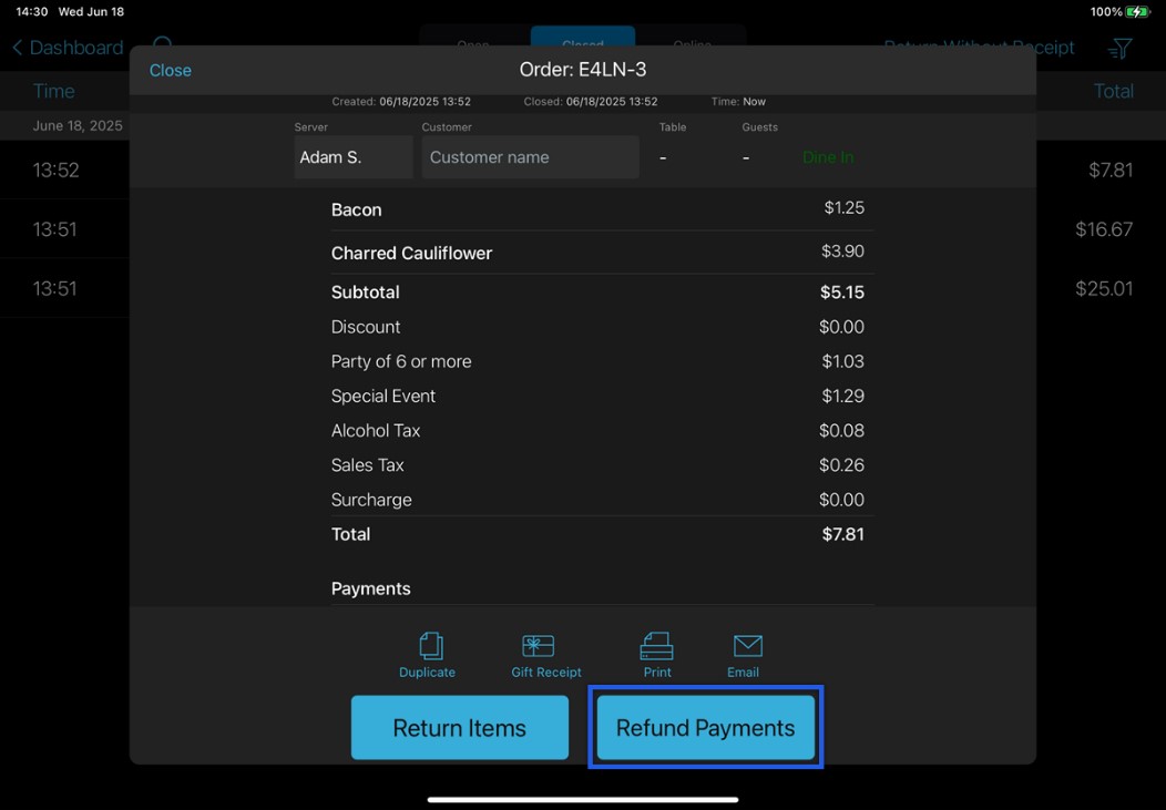 register app closed order screen with refund payments button highlighted