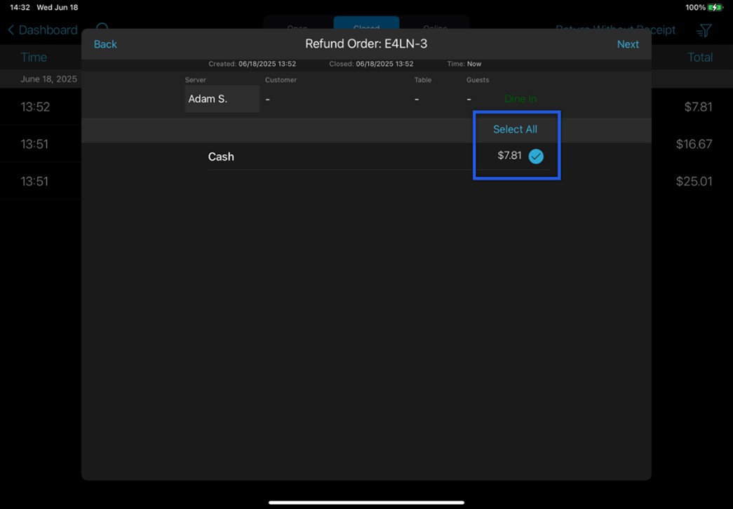 register app refund order screen