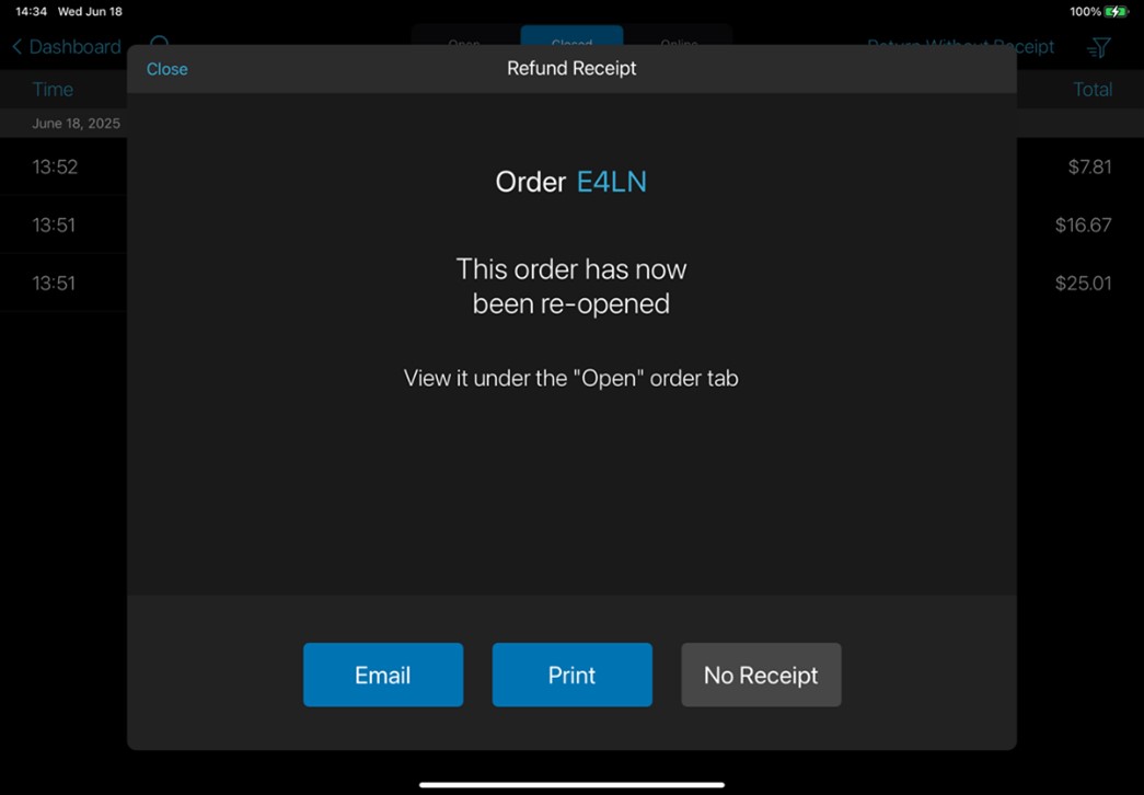 register app refund receipt screen with options to email or print or no receipt