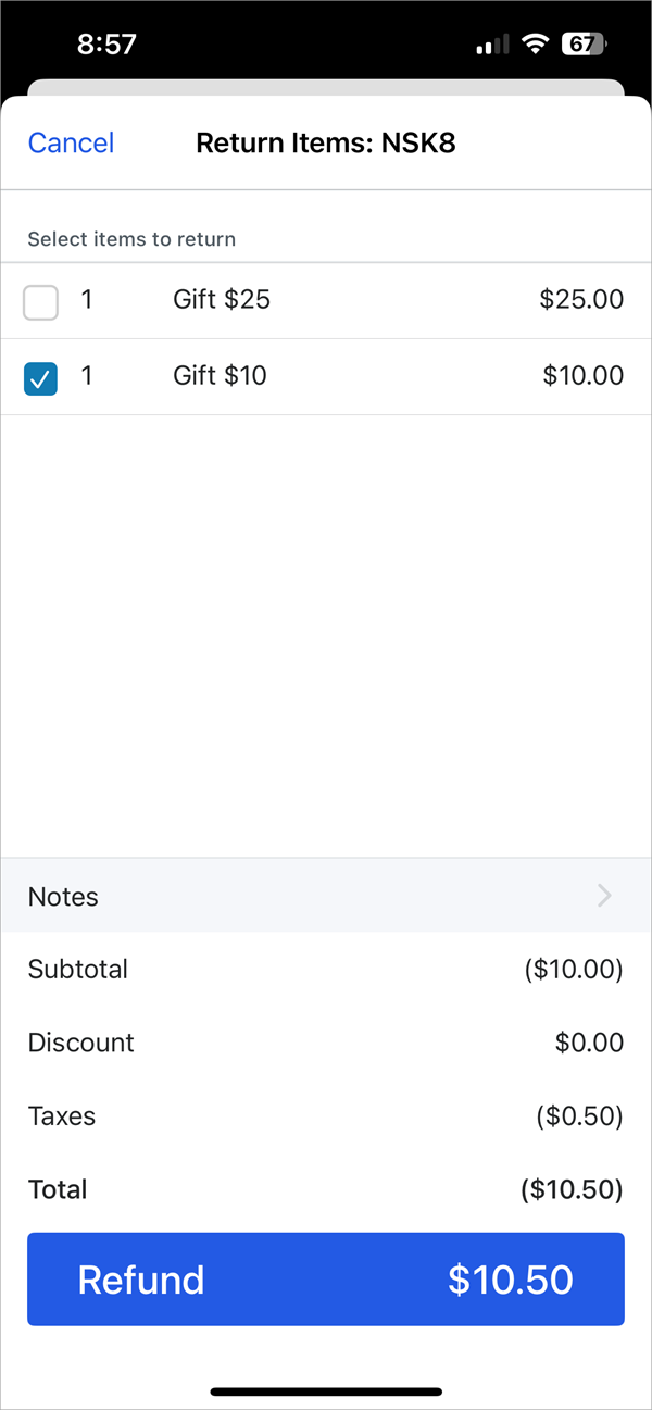 Return items from order showing items selected.