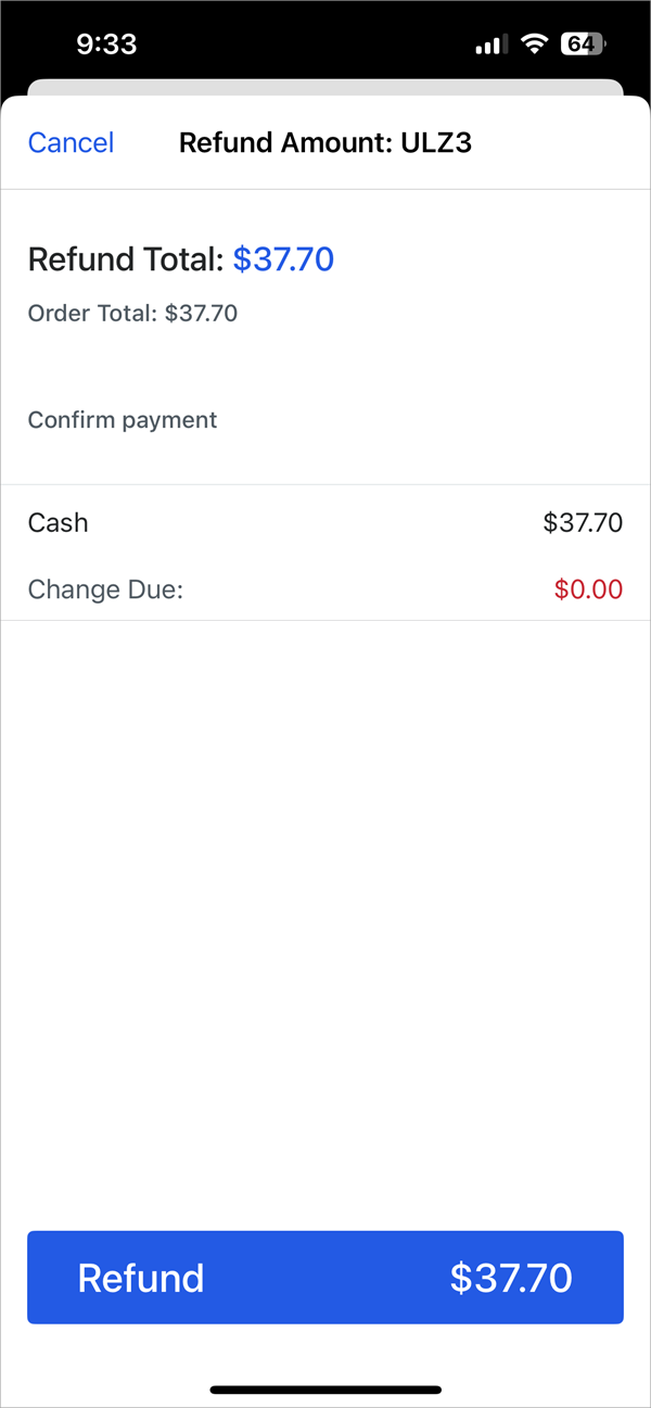 Refund confirmation screen.