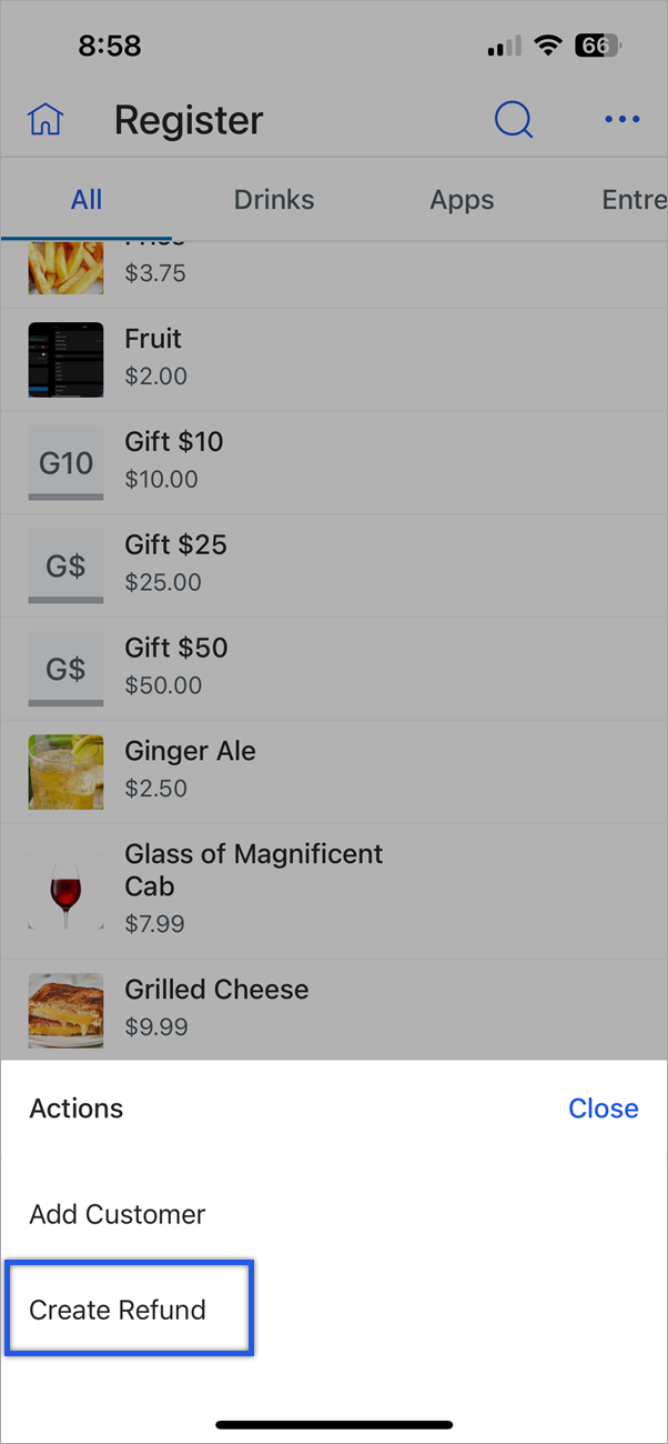 Create refund option in bottom menu highlighted.