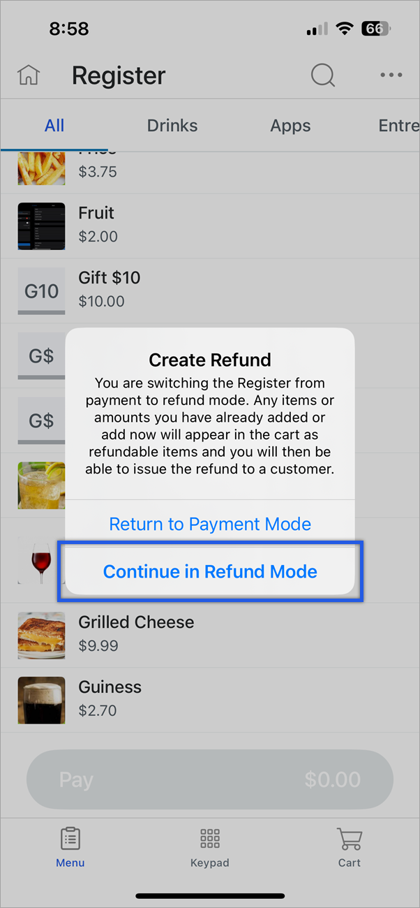 Continue in refund mode option in bottom menu highlighted.