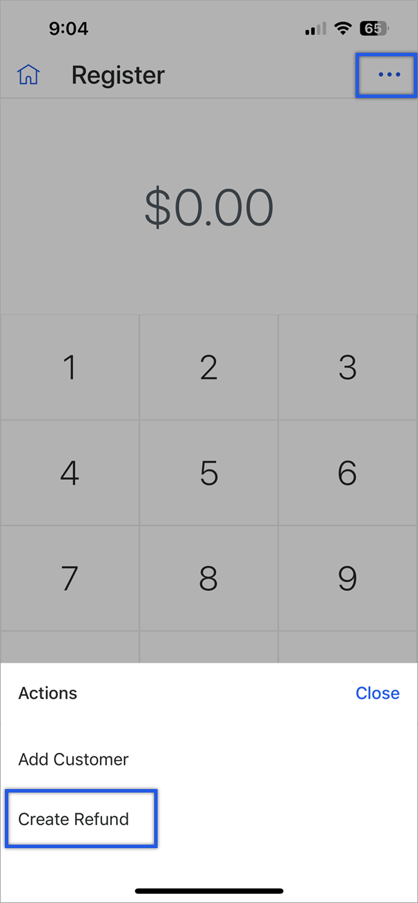 Register keypad screen with three dots in upper right highlighted.