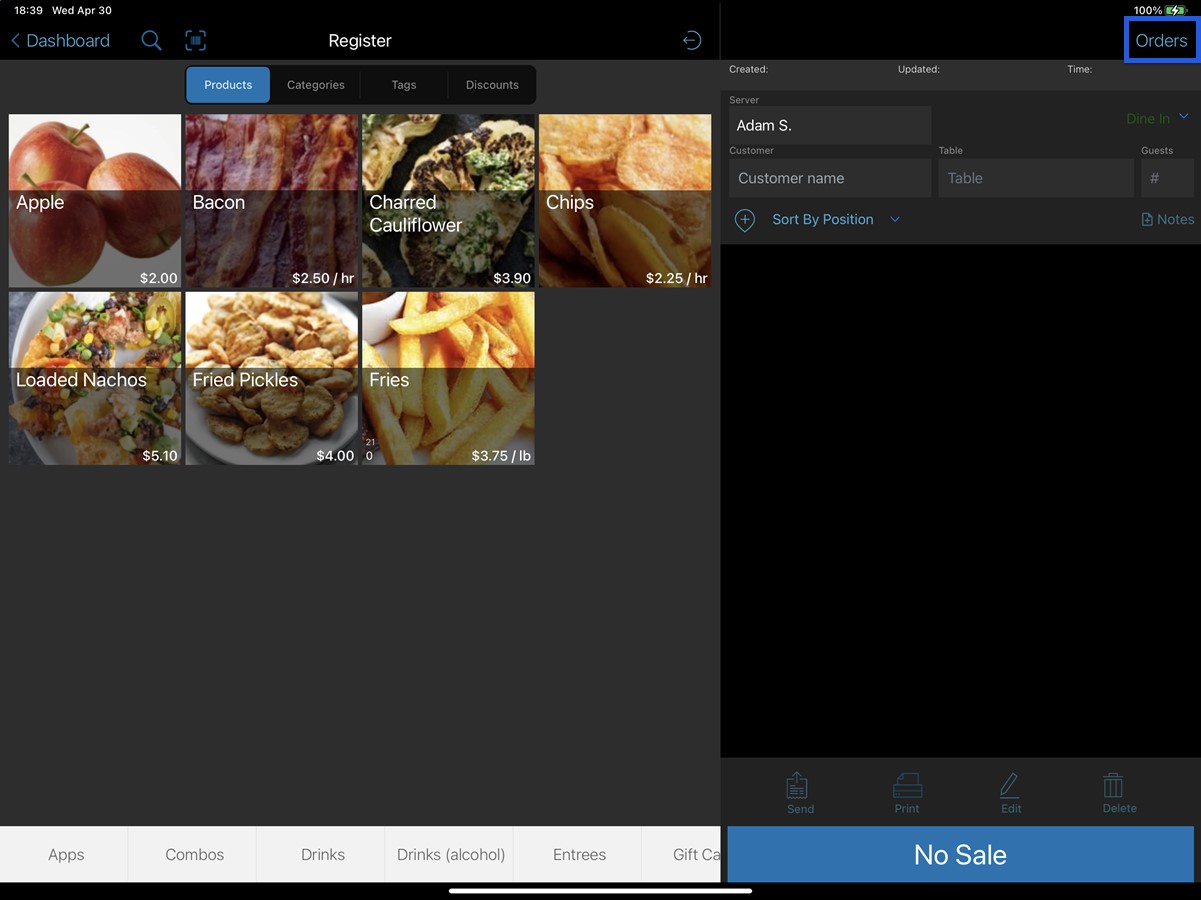 register app products screen with orders button highlighted