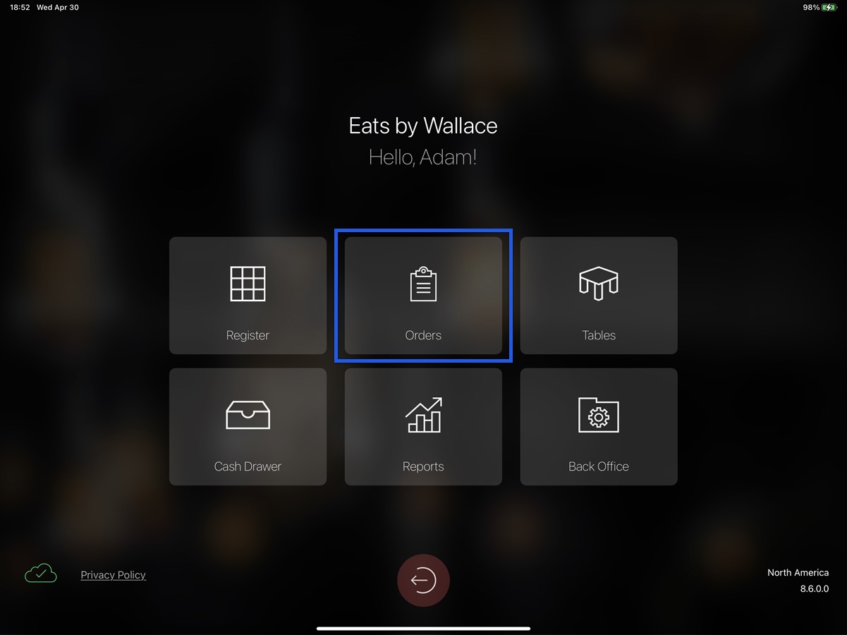 register app dashboard screen with orders button highlighted