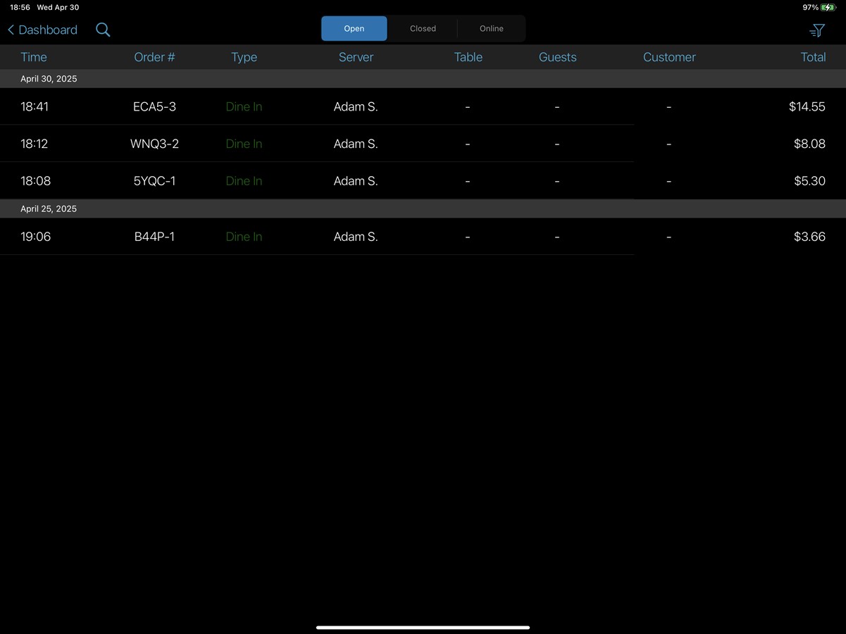List of open orders.