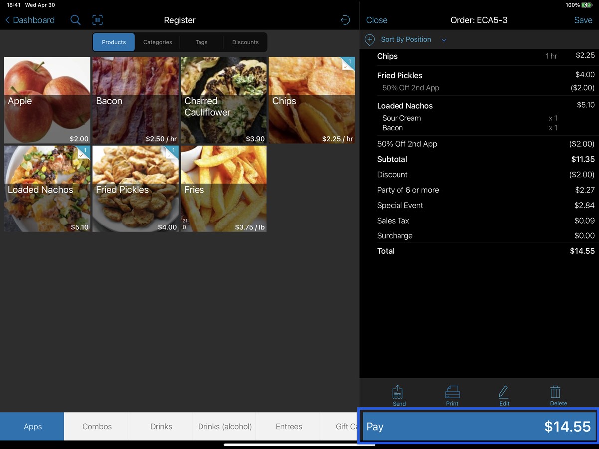 register app open order screen with pay button highlighted
