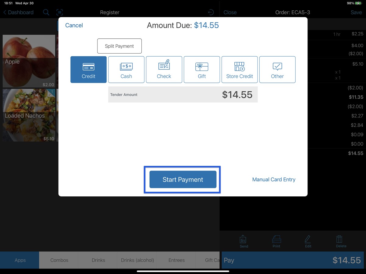 register app amount due screen with cash selected as payment type and pay button highlighted