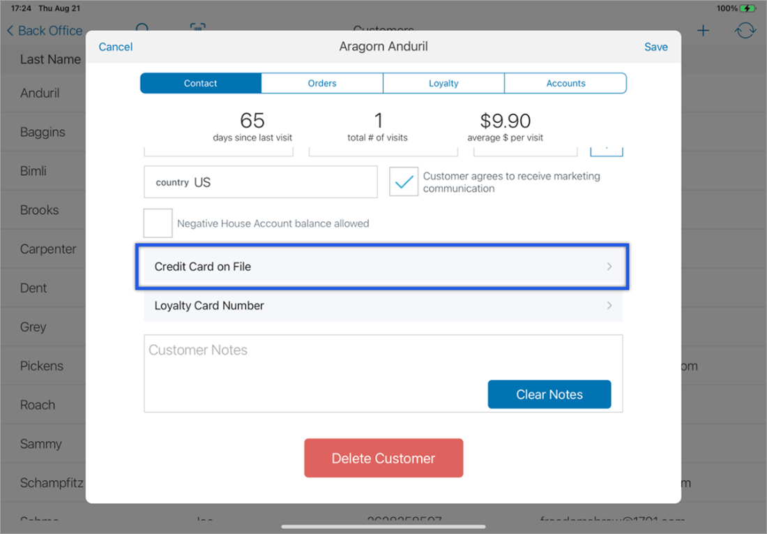 Customer profile with card on file option highlighted.