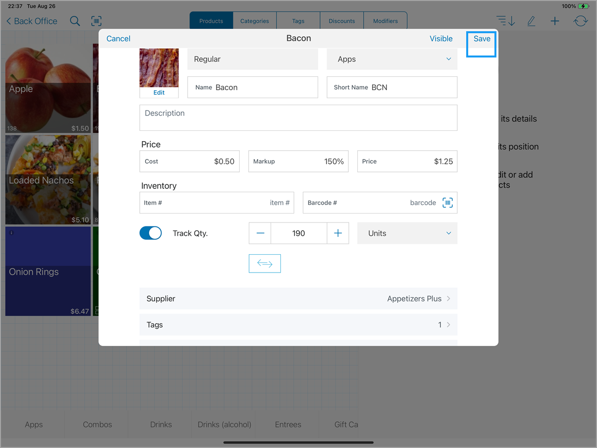 Edit menu of individual product