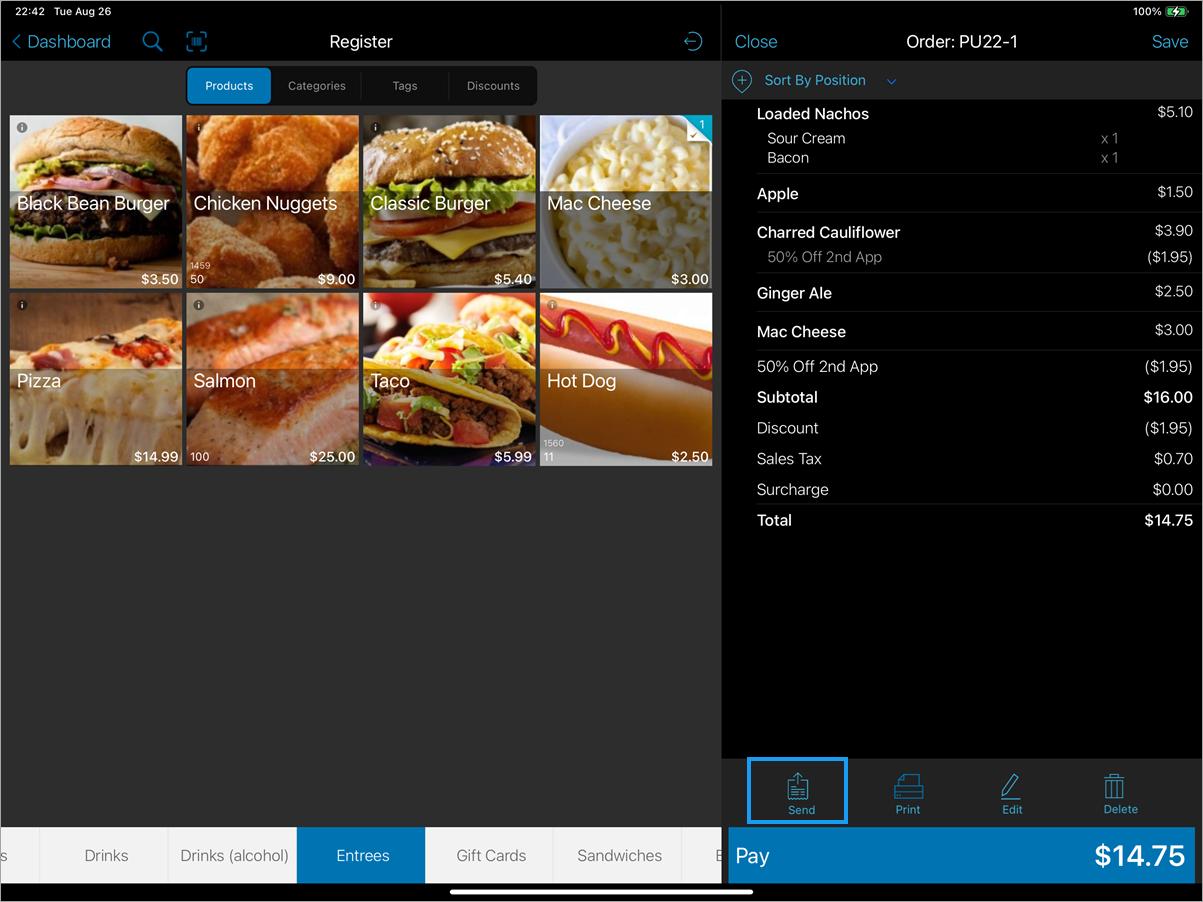 Open order screen on register