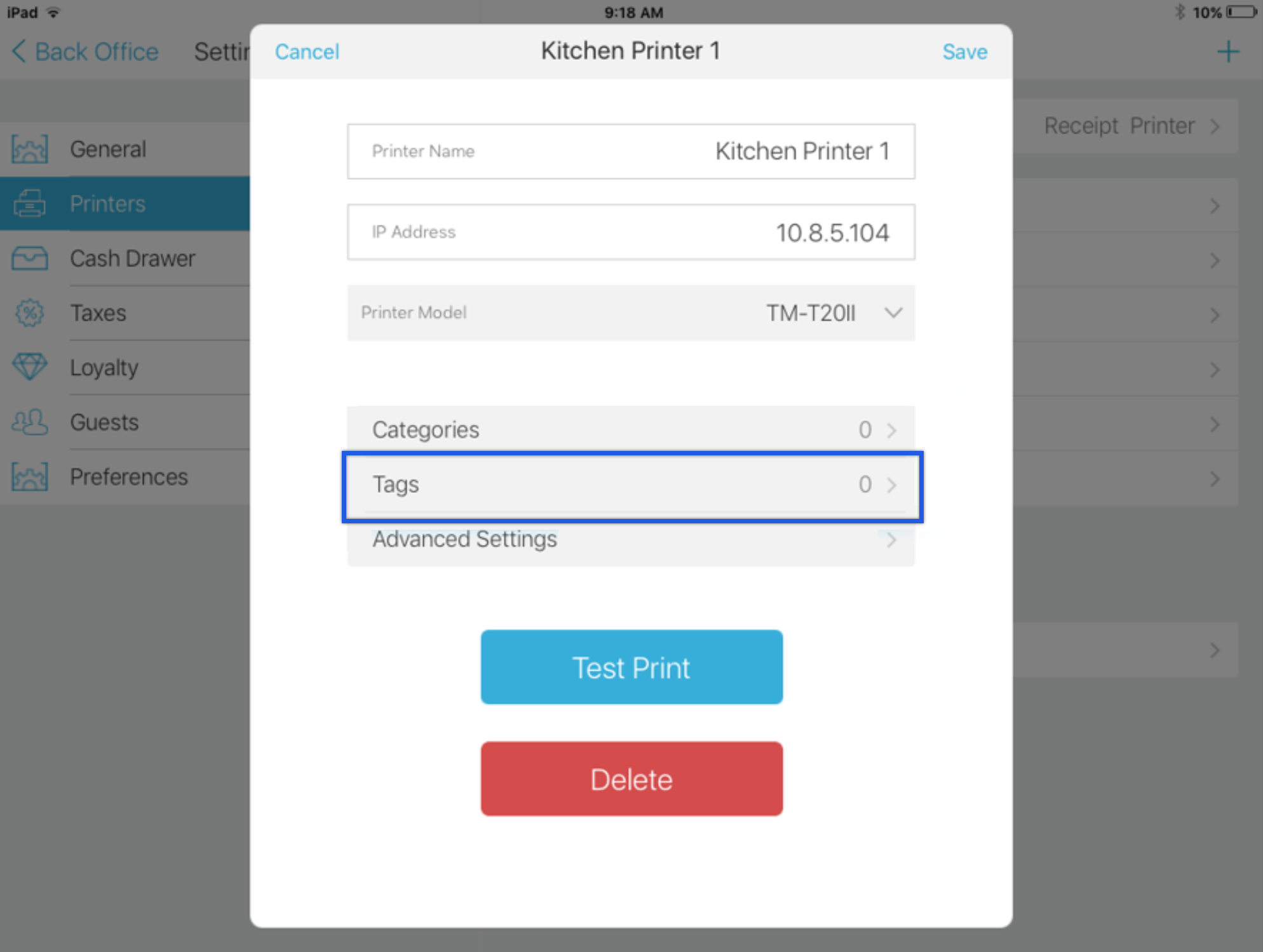 Smart device showing edit menu of printer settings