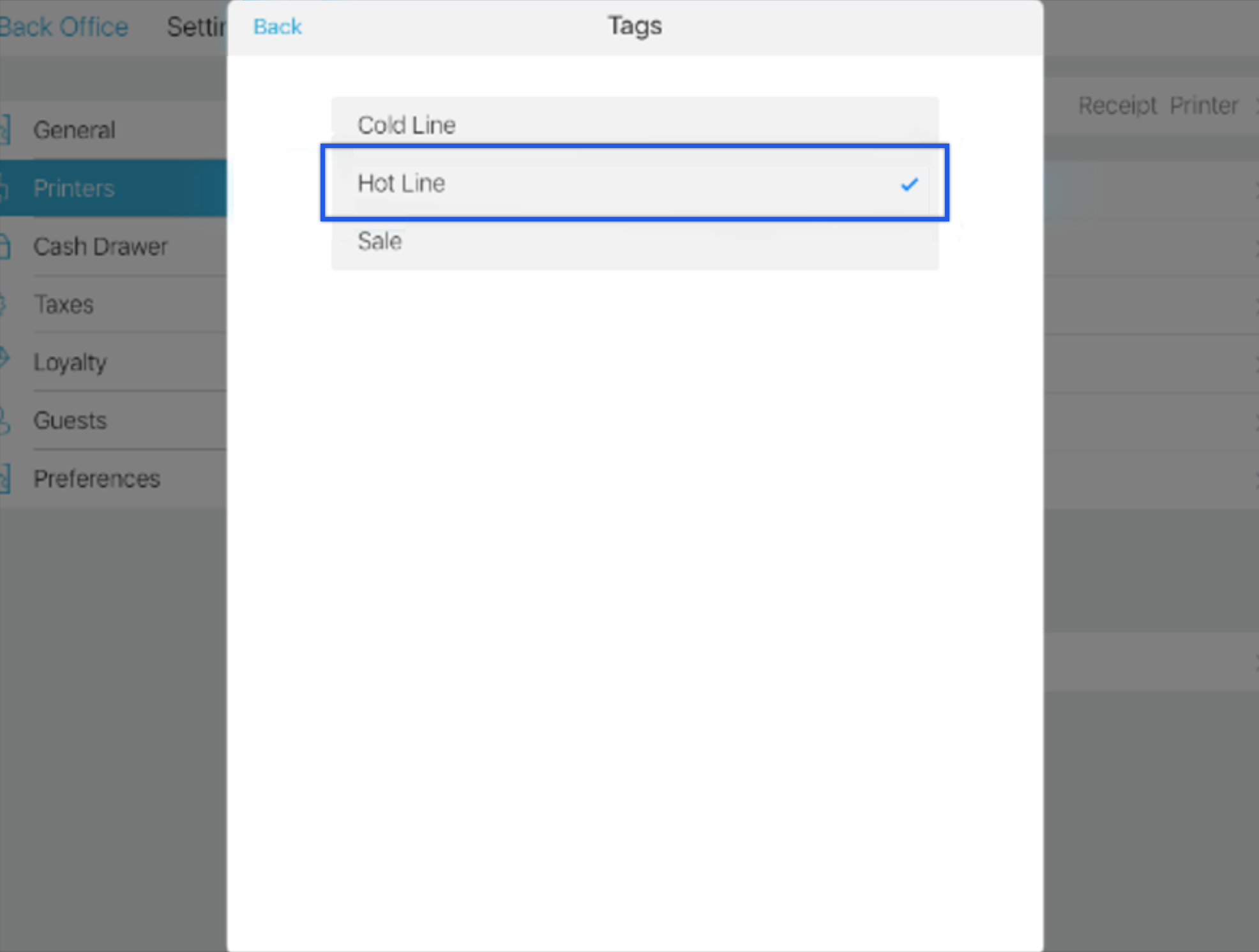 Smart device showing the tags in edit menu of printer settings.