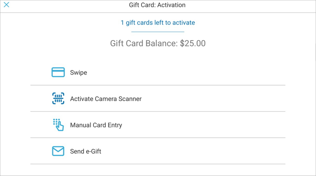 The gift card activation screen on register