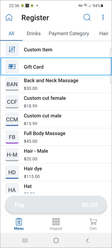 Register Menu with gift card highlighted