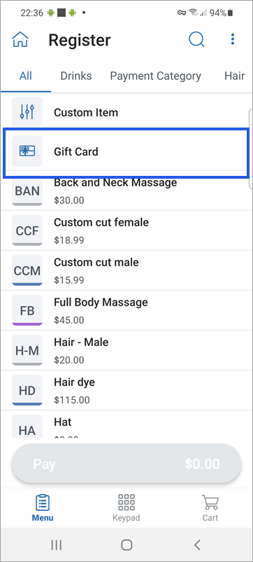 Register menu