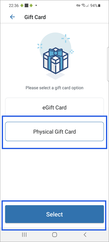 The gift card menu with physical gift card highlighted