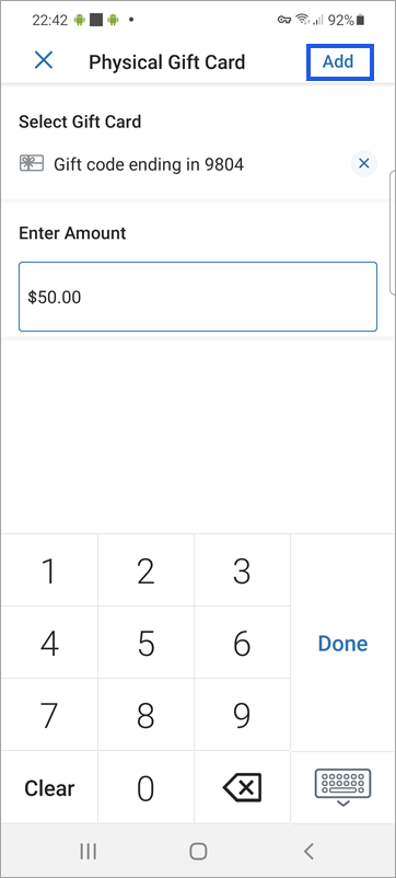 The physical gift card number and amount entered with Add button highlighted