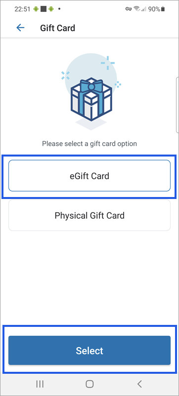 The Gift card type selection menu with eGift Card highlighted