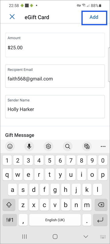 The eGift Card form completed with Add button highlighted