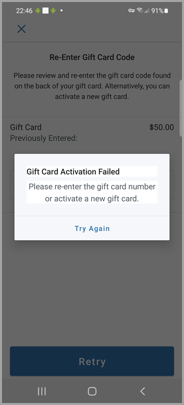 Gift card activation failed pop-up screen