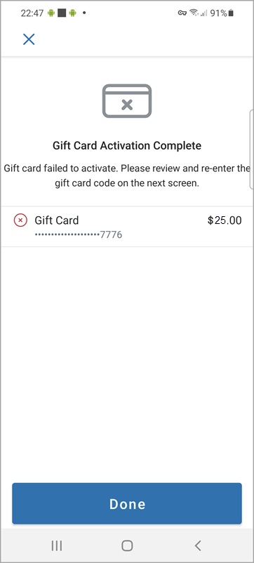 Gift card activation failed next steps screen