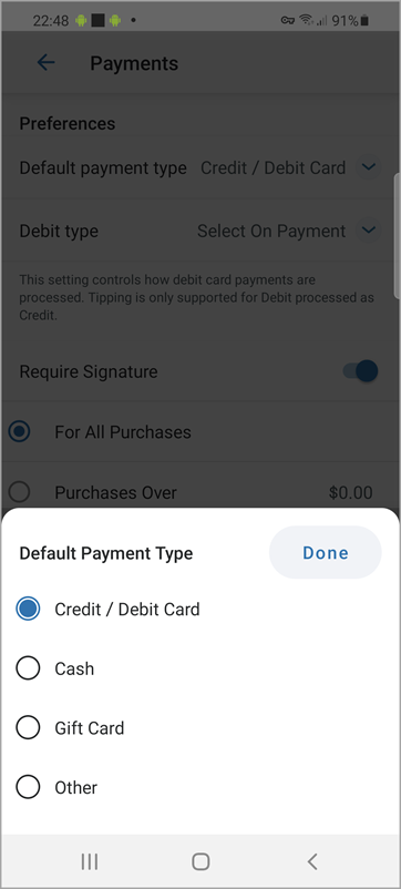 Default payment type within Settings
