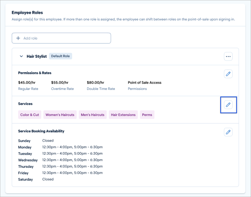 Employee roles settings with services assigned and edit button highlighted.