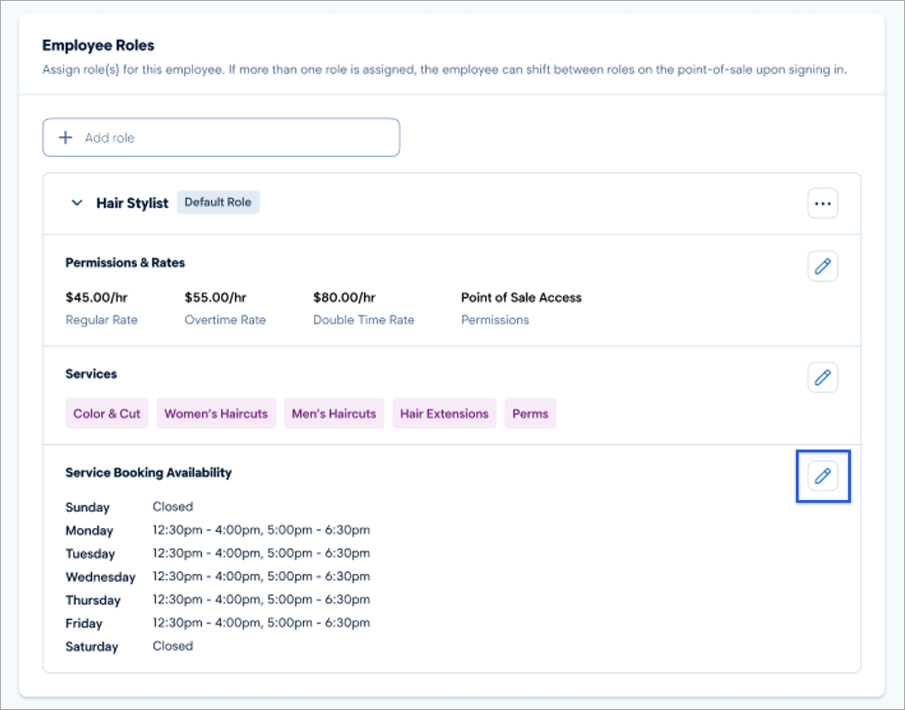 Employee roles settings with services assigned.