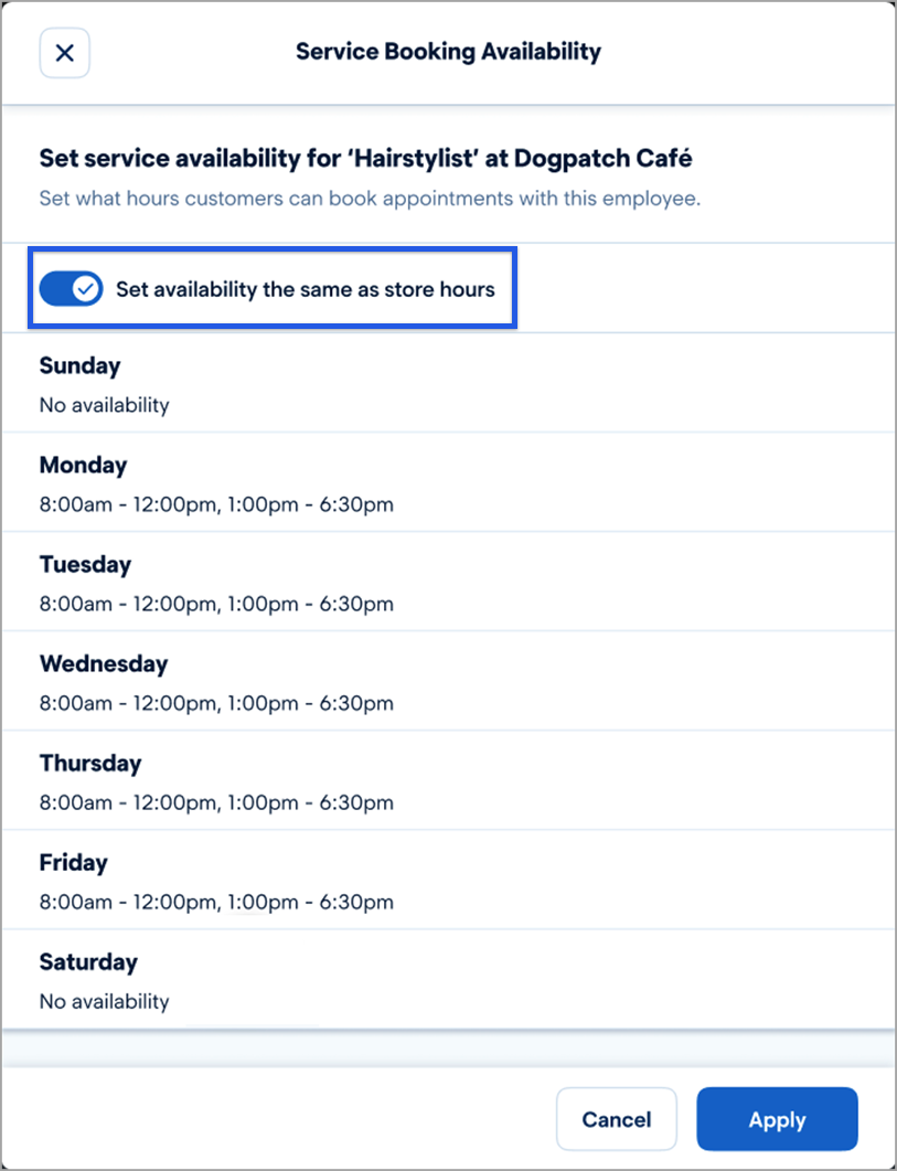 Service booking availability settings.
